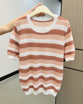 Stripe round neck T-shirt knitted colors tops