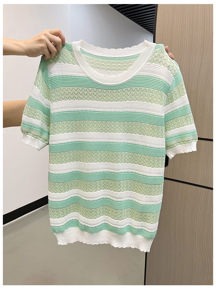 Stripe round neck T-shirt knitted colors tops