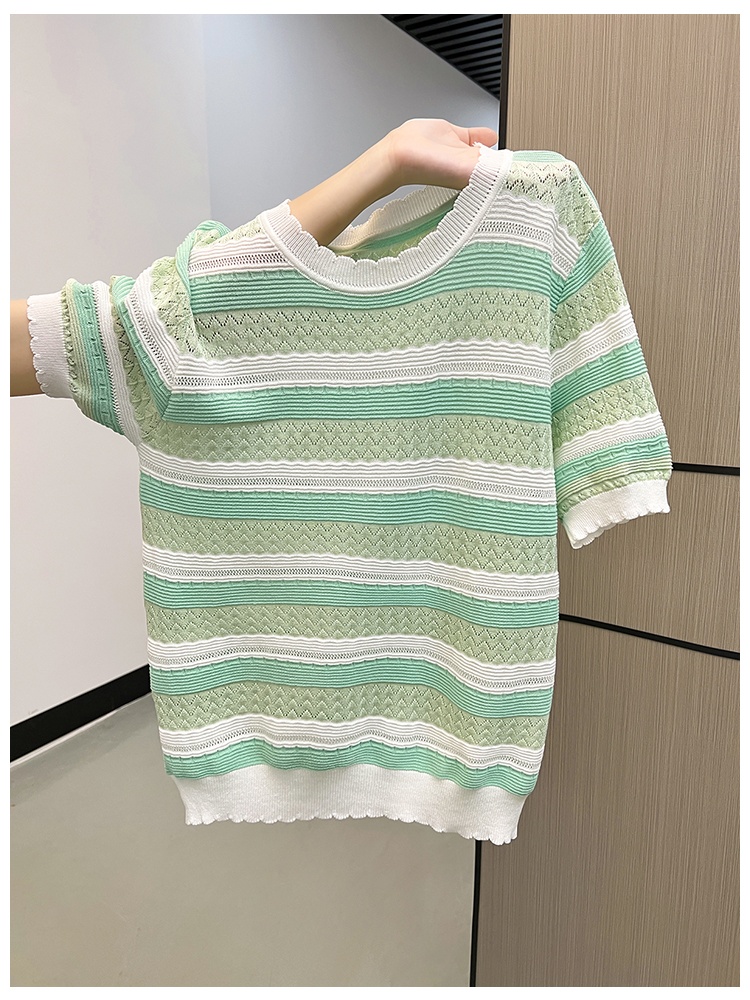 Stripe round neck T-shirt knitted colors tops