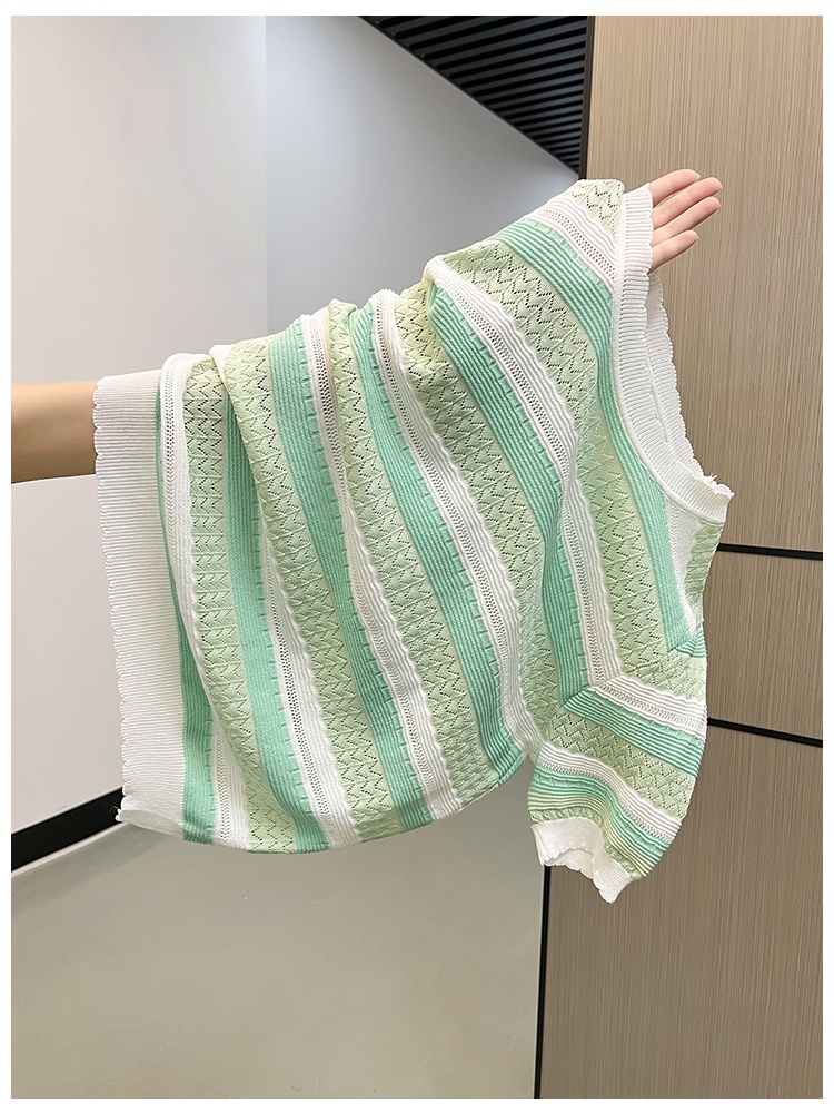 Stripe round neck T-shirt knitted colors tops