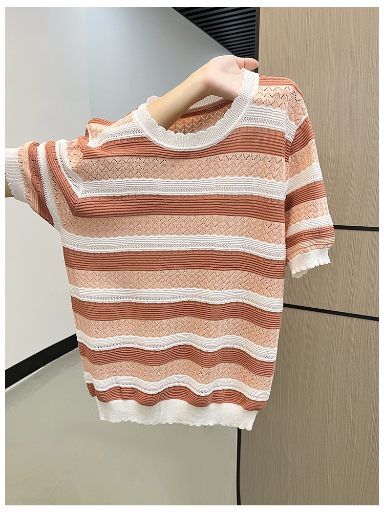 Stripe round neck T-shirt knitted colors tops