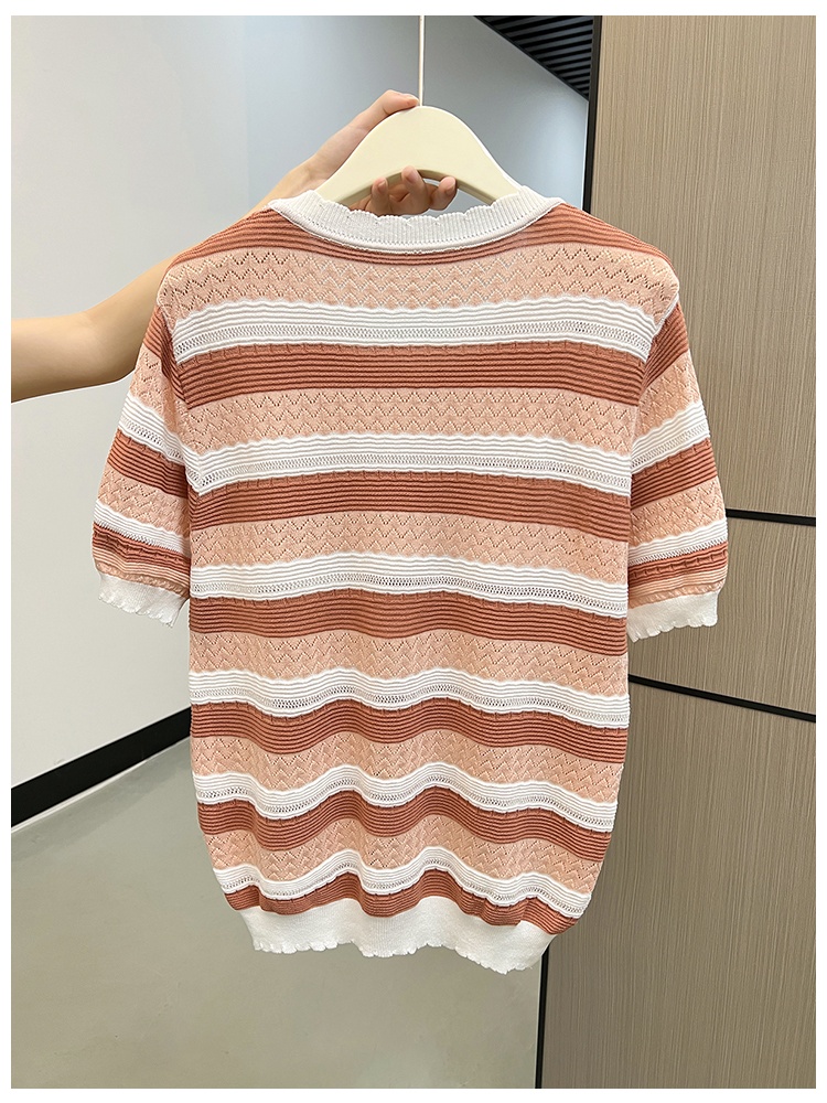 Stripe round neck T-shirt knitted colors tops