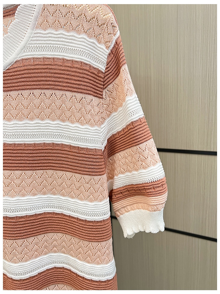Stripe round neck T-shirt knitted colors tops