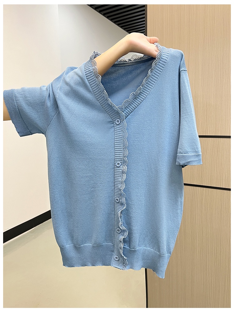 Knitted short sleeve bottoming shirt V-neck T-shirt