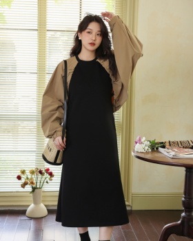 Mixed colors loose Pseudo-two slim France style niche dress