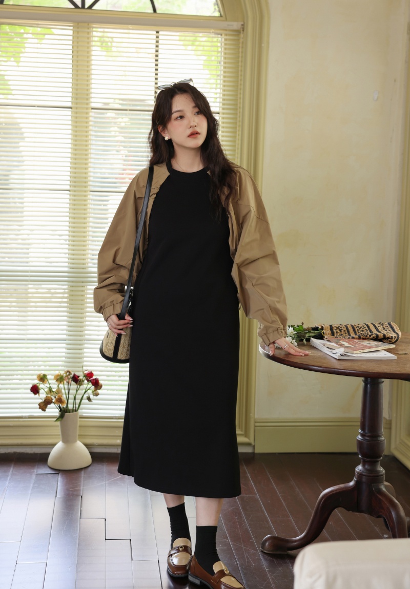 Mixed colors loose Pseudo-two slim France style niche dress