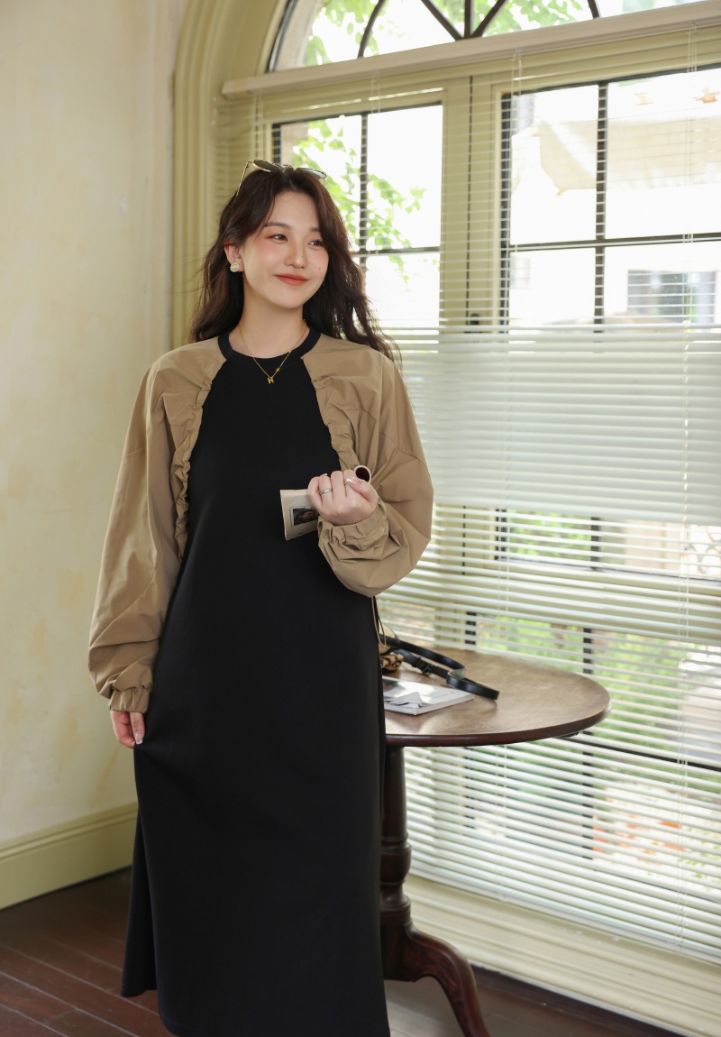Mixed colors loose Pseudo-two slim France style niche dress