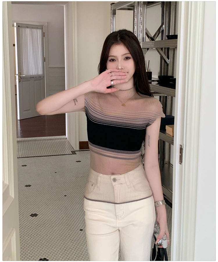 Mixed colors knitted bottoming shirt gauze tops for women