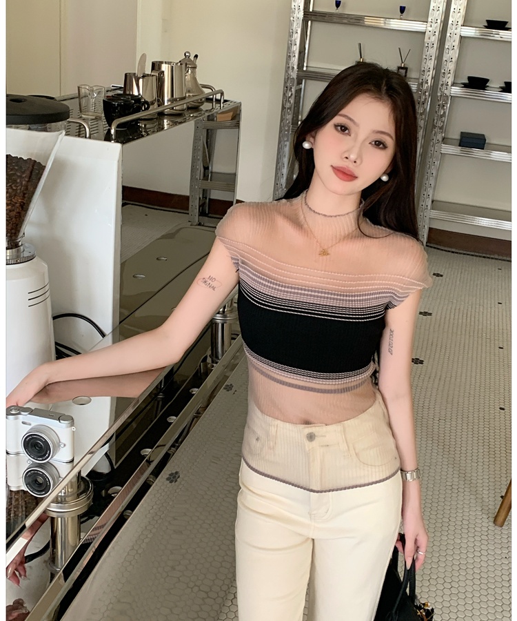 Mixed colors knitted bottoming shirt gauze tops for women