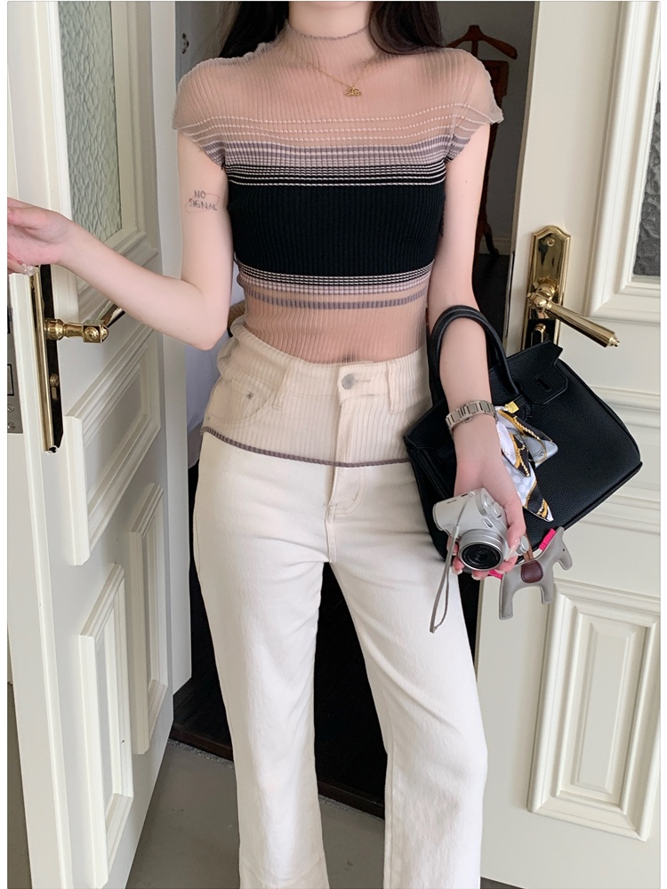 Mixed colors knitted bottoming shirt gauze tops for women