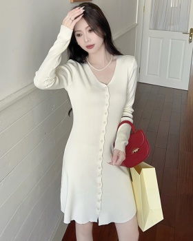 A-line France style T-back pinched waist knitted dress