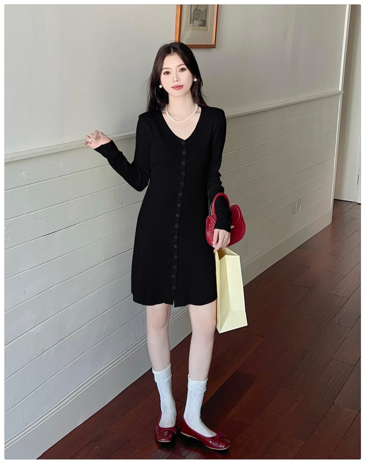 A-line France style T-back pinched waist knitted dress