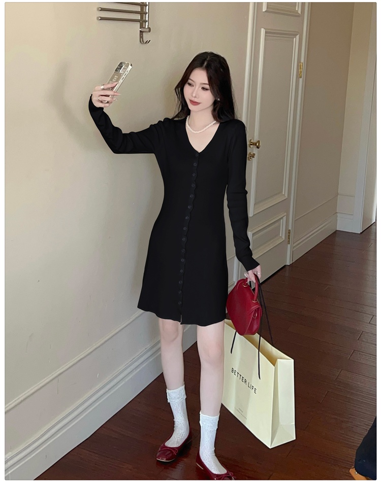 A-line France style T-back pinched waist knitted dress