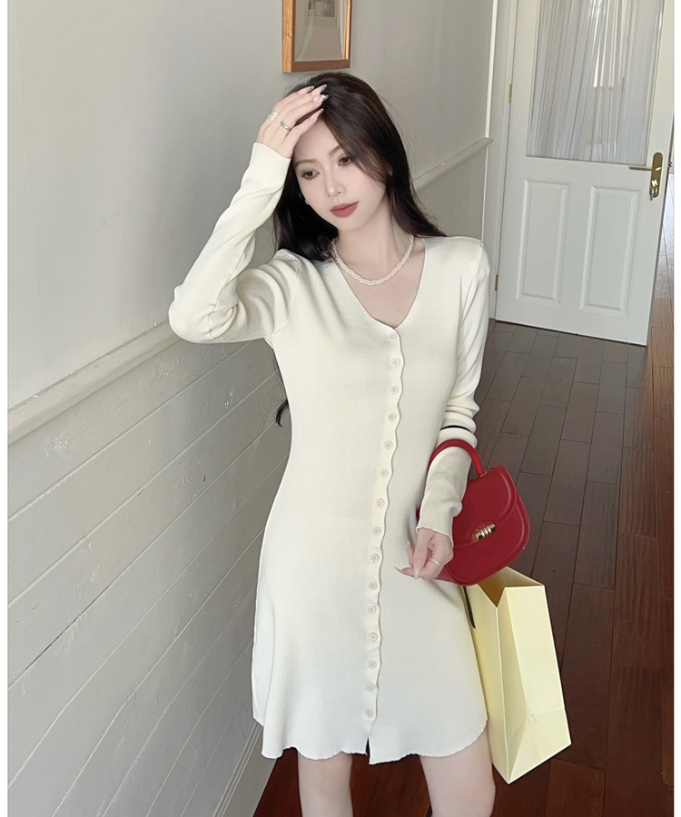 A-line France style T-back pinched waist knitted dress
