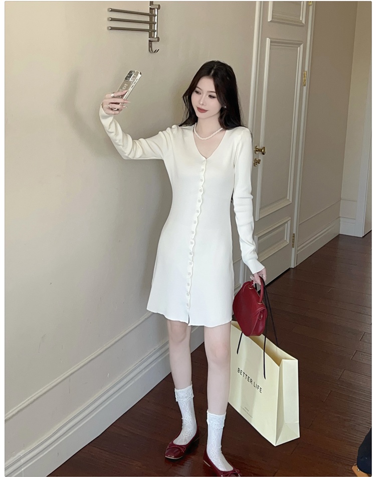 A-line France style T-back pinched waist knitted dress