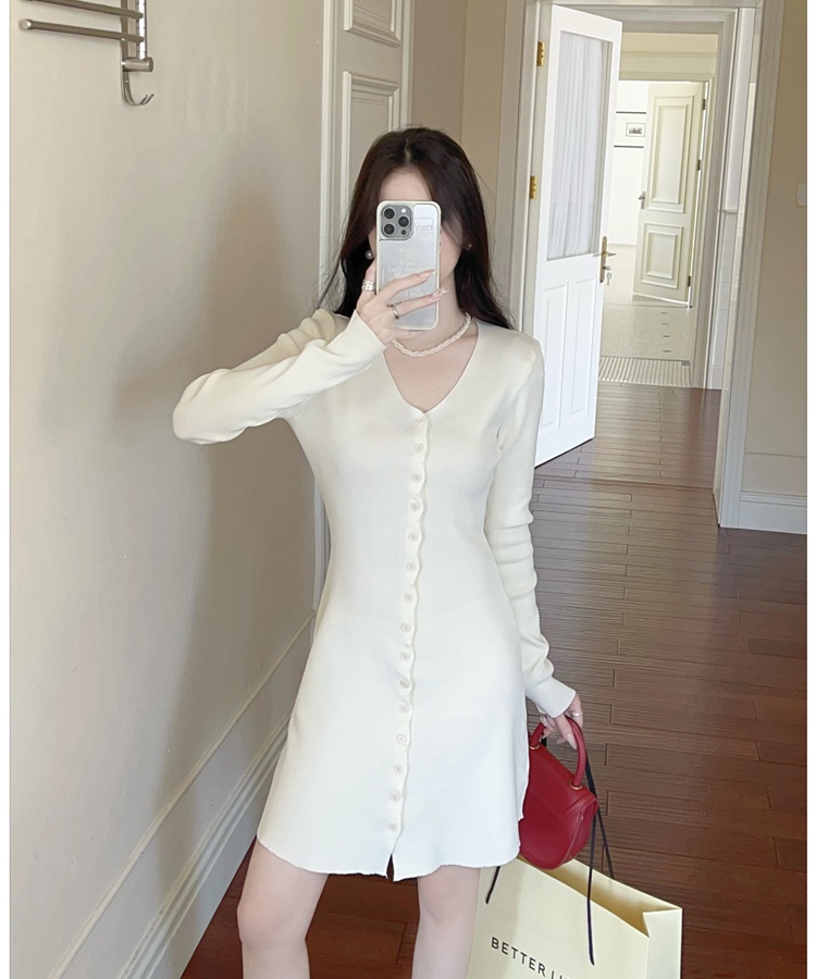 A-line France style T-back pinched waist knitted dress