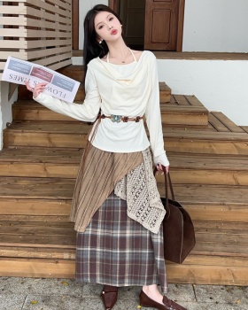 Lace loose T-shirt Pseudo-two plaid long skirt a set for women