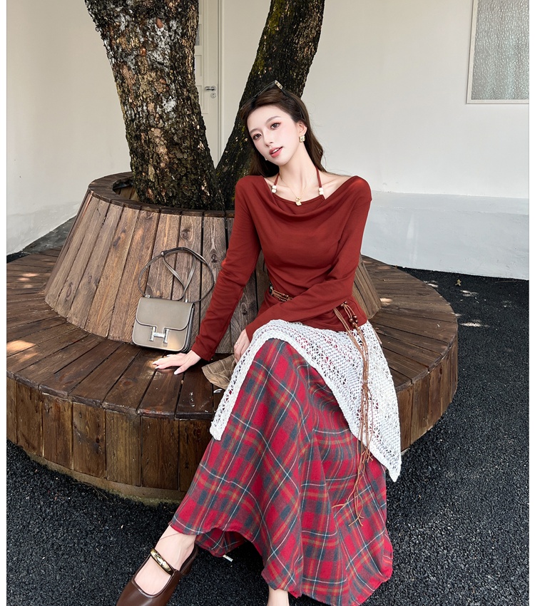 Lace loose T-shirt Pseudo-two plaid long skirt a set for women