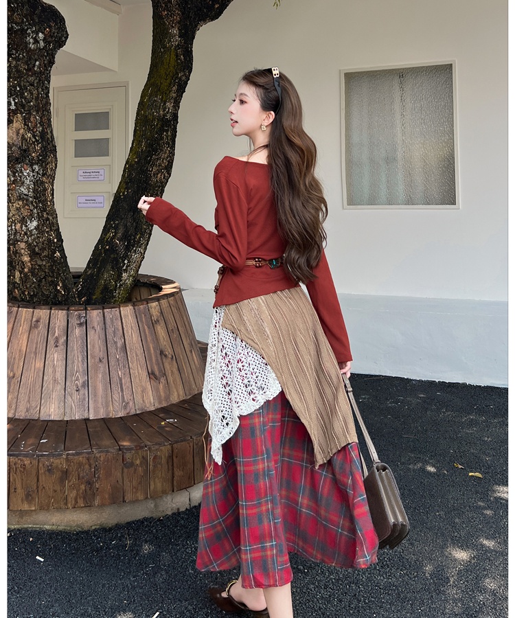 Lace loose T-shirt Pseudo-two plaid long skirt a set for women