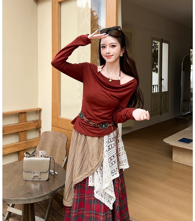 Lace loose T-shirt Pseudo-two plaid long skirt a set for women