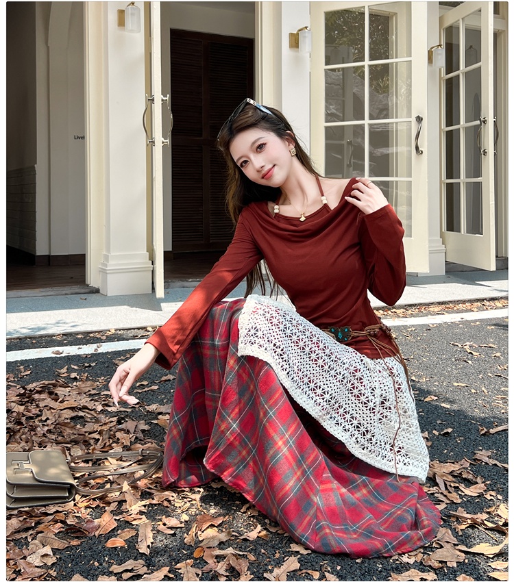 Lace loose T-shirt Pseudo-two plaid long skirt a set for women