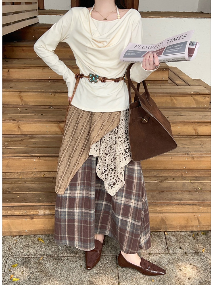 Lace loose T-shirt Pseudo-two plaid long skirt a set for women