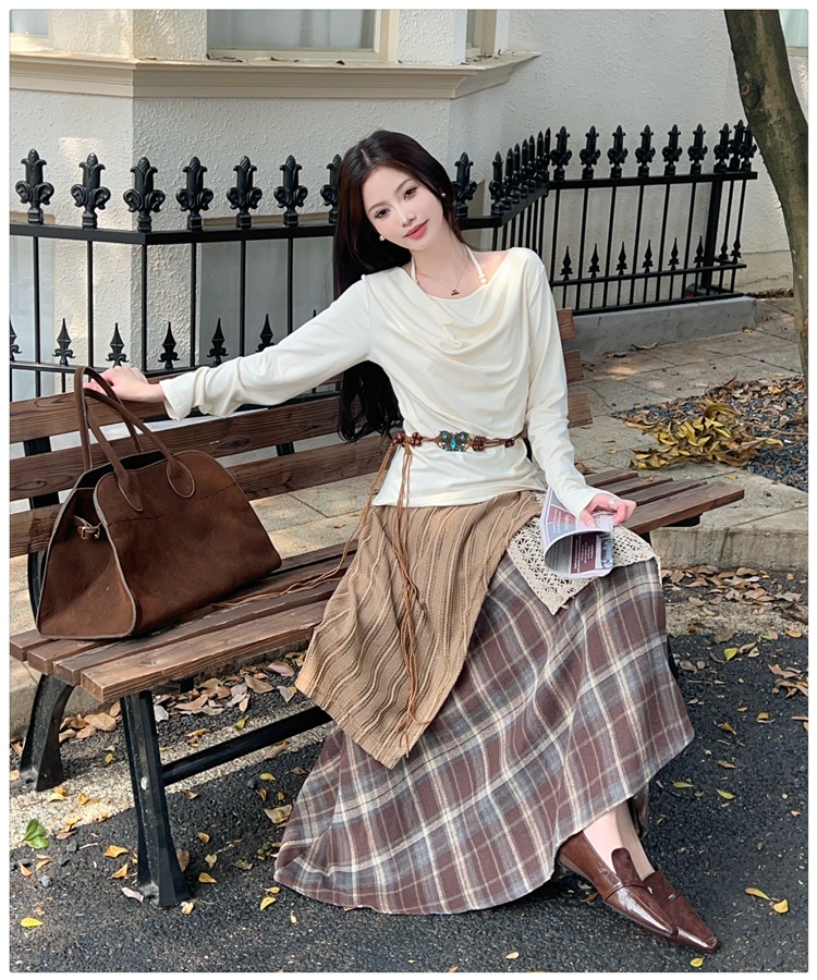Lace loose T-shirt Pseudo-two plaid long skirt a set for women