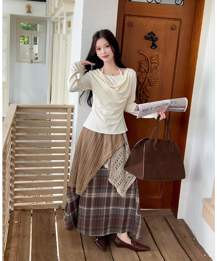 Lace loose T-shirt Pseudo-two plaid long skirt a set for women