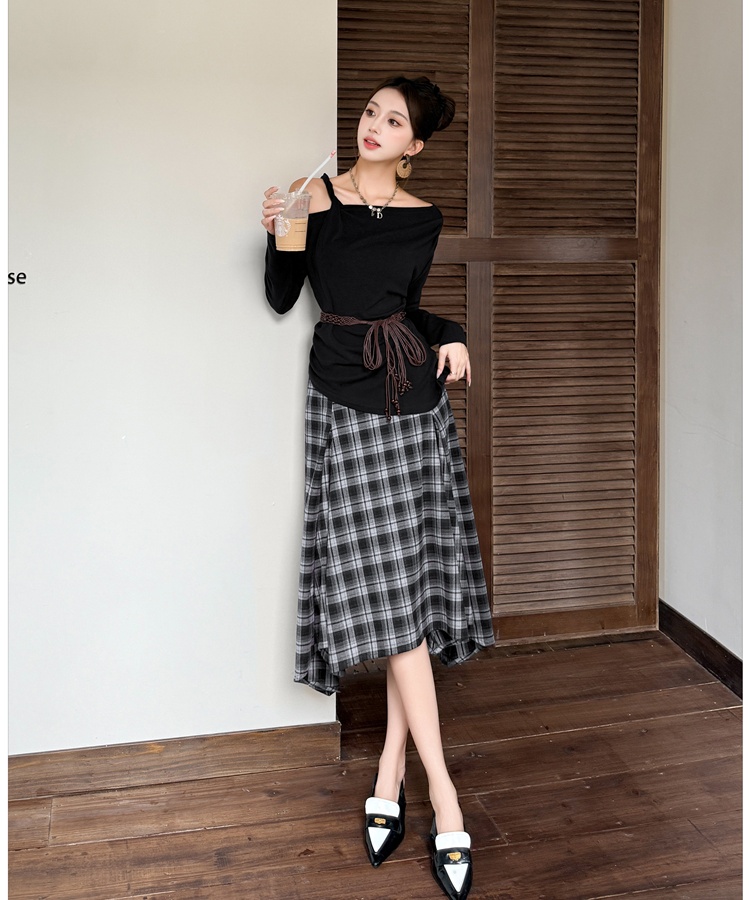 Sling long sleeve tops big skirt plaid skirt a set