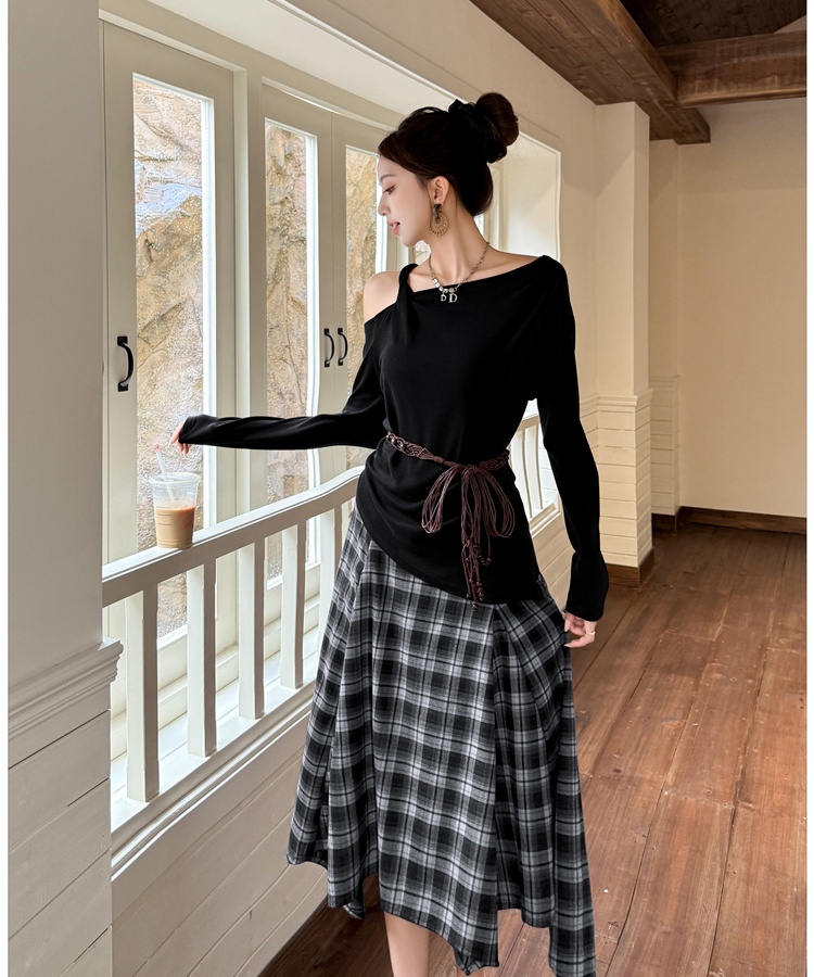 Sling long sleeve tops big skirt plaid skirt a set