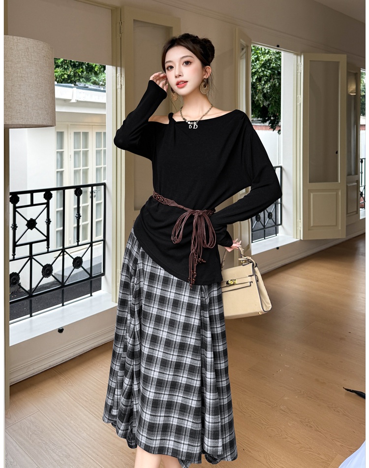 Sling long sleeve tops big skirt plaid skirt a set