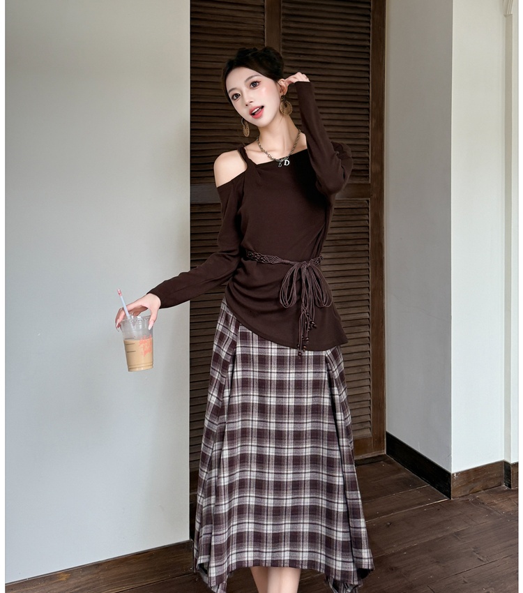Sling long sleeve tops big skirt plaid skirt a set