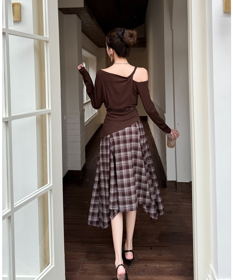 Sling long sleeve tops big skirt plaid skirt a set