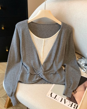 All-match slim tops simple Pseudo-two sweater for women