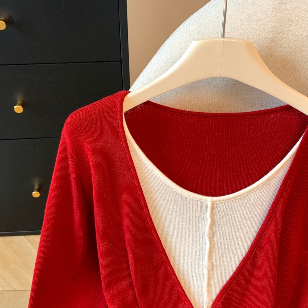 All-match slim tops simple Pseudo-two sweater for women