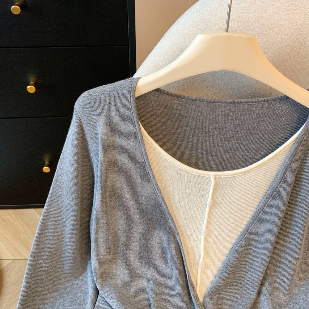 All-match slim tops simple Pseudo-two sweater for women