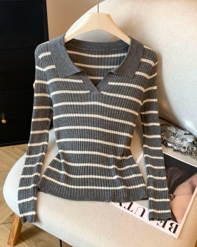 Knitted stripe tops thin bottoming shirt for women