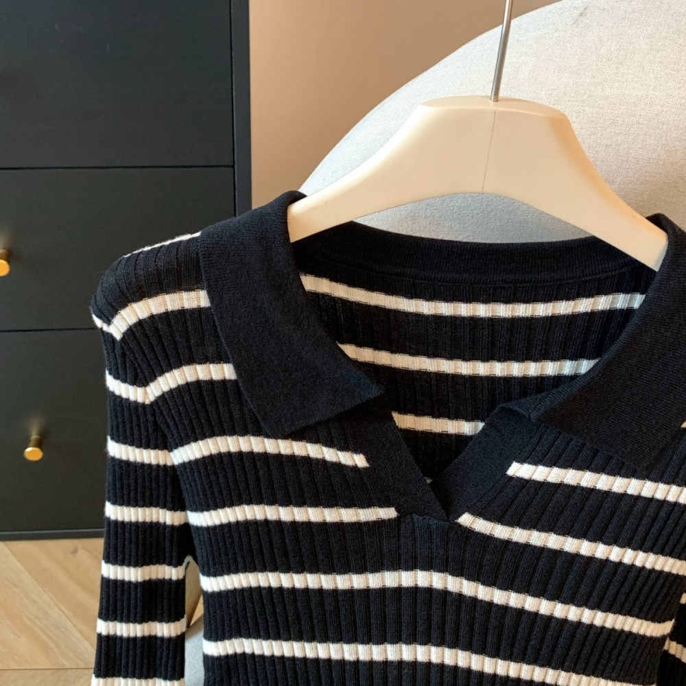 Knitted stripe tops thin bottoming shirt for women