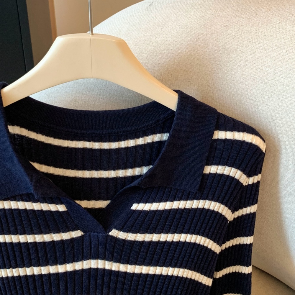 Knitted stripe tops thin bottoming shirt for women
