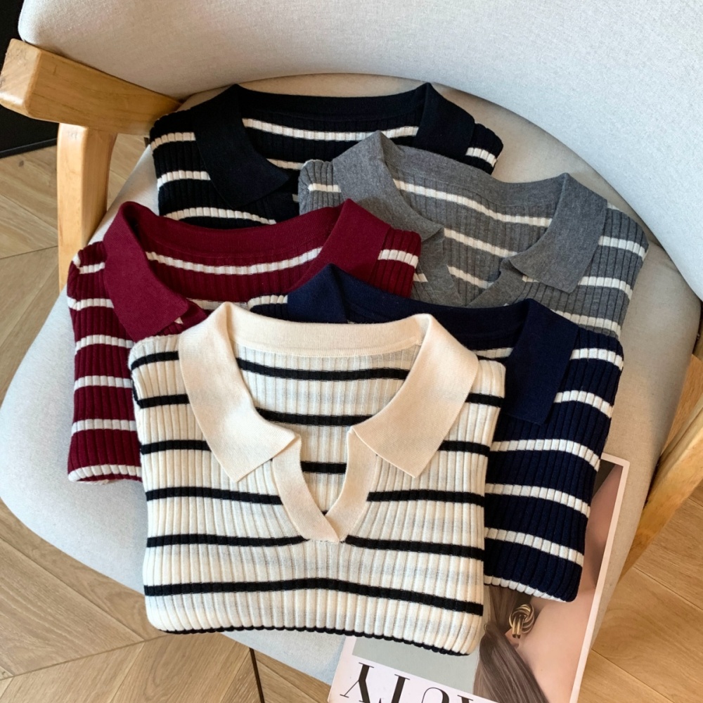 Knitted stripe tops thin bottoming shirt for women
