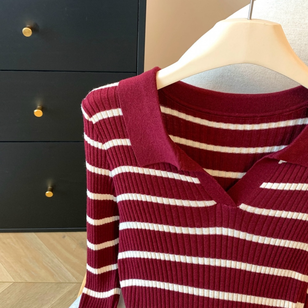 Knitted stripe tops thin bottoming shirt for women