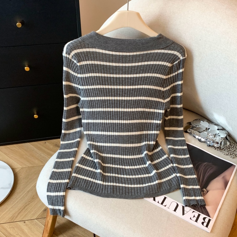 Knitted stripe tops thin bottoming shirt for women