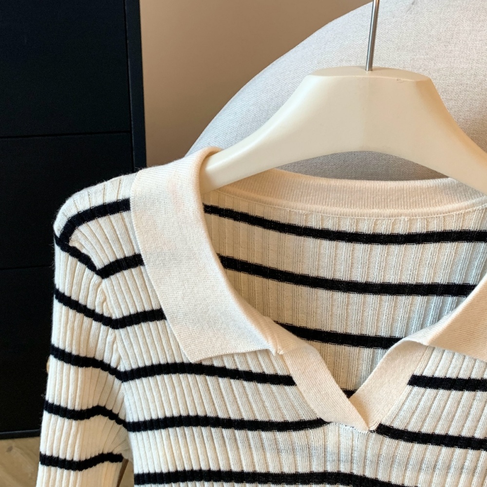 Knitted stripe tops thin bottoming shirt for women