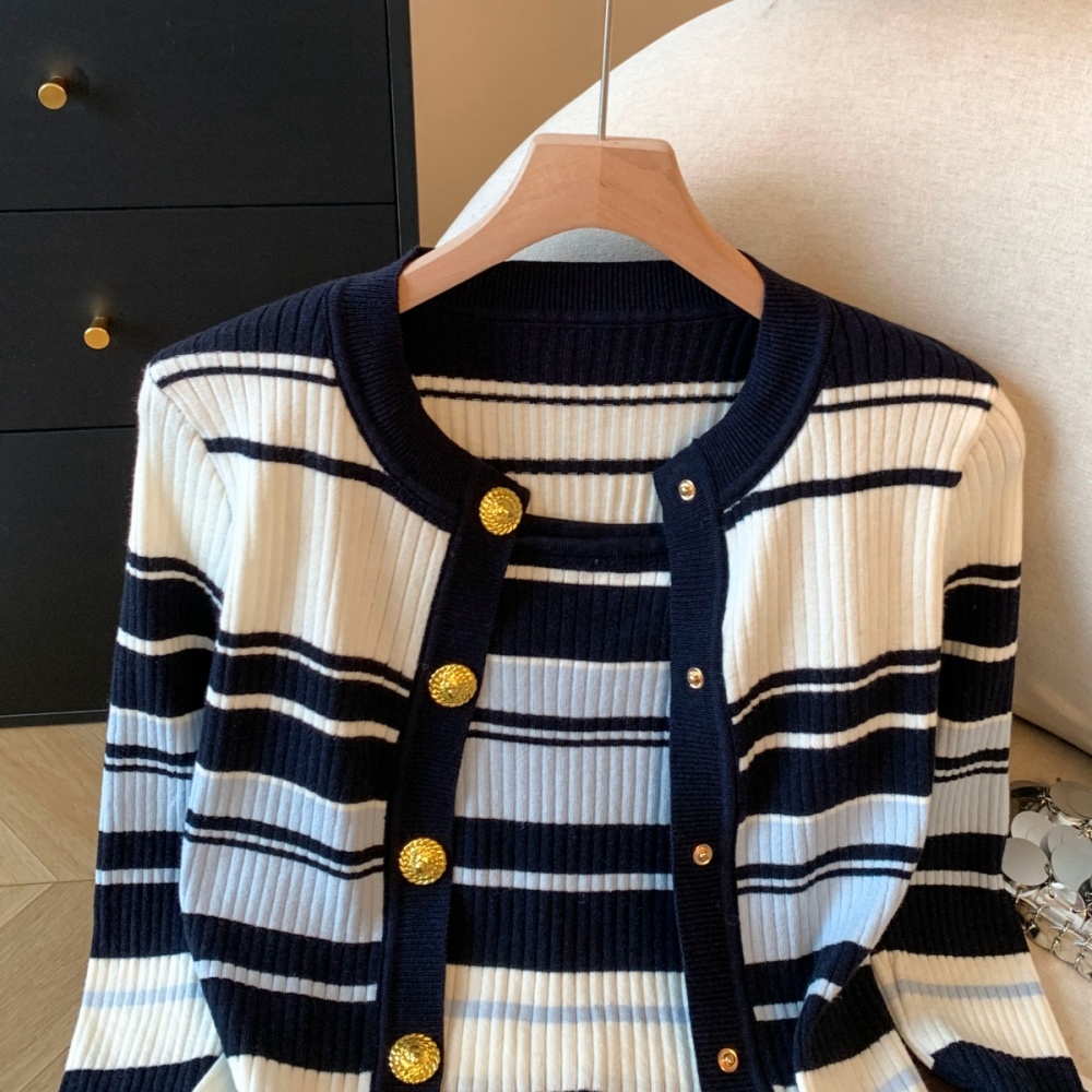 Stripe slim long sleeve sling cardigan a set