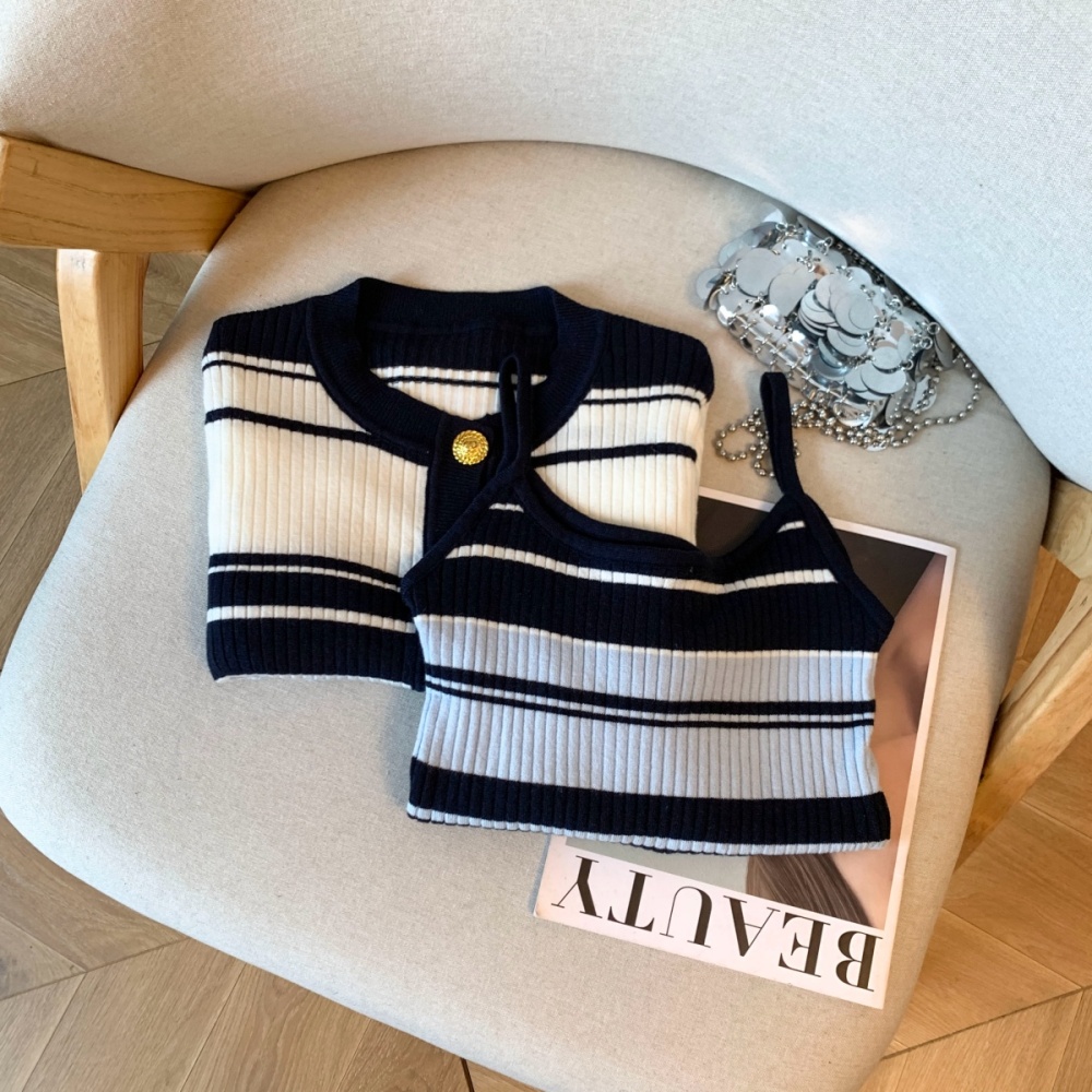 Stripe slim long sleeve sling cardigan a set