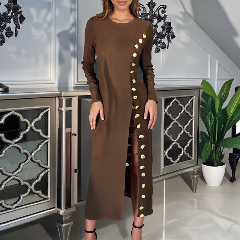 European style round neck dress slim long dress for women