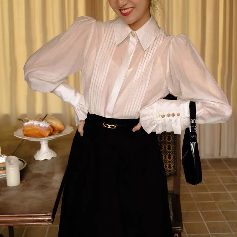 Stitching temperament pure tops lapel France style shirt