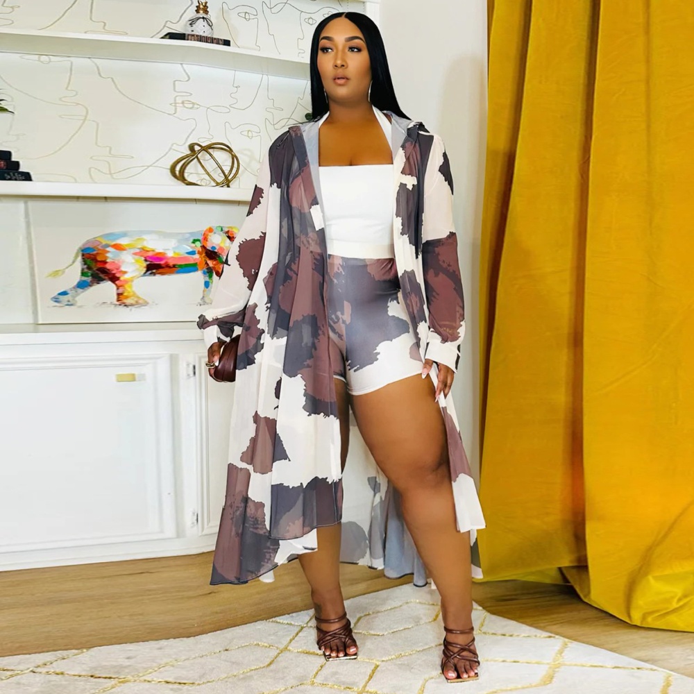 Fashion printing shorts chiffon cardigan a set for women