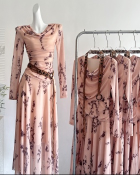 Big skirt long sleeve long dress retro floral dress