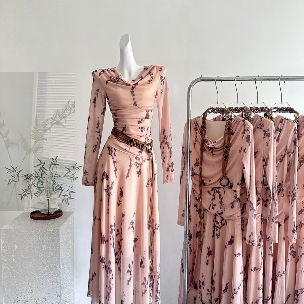Big skirt long sleeve long dress retro floral dress